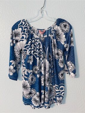Blue Floral Scoop-Neck Blouse by Amana